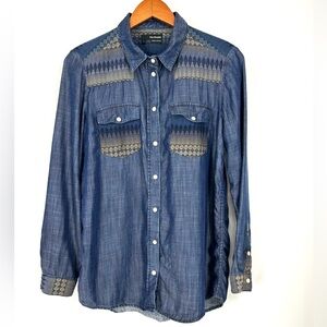 The Kooples Blue Denim Tencel Button Shirt L Western Skull Pearl Snaps Women